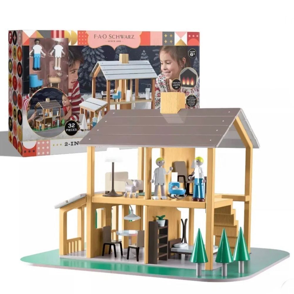 FAO Schwarz 2 in 1 Wooden Dollhouse Winter and Summer Playset NEW! - Picture 2 of 8